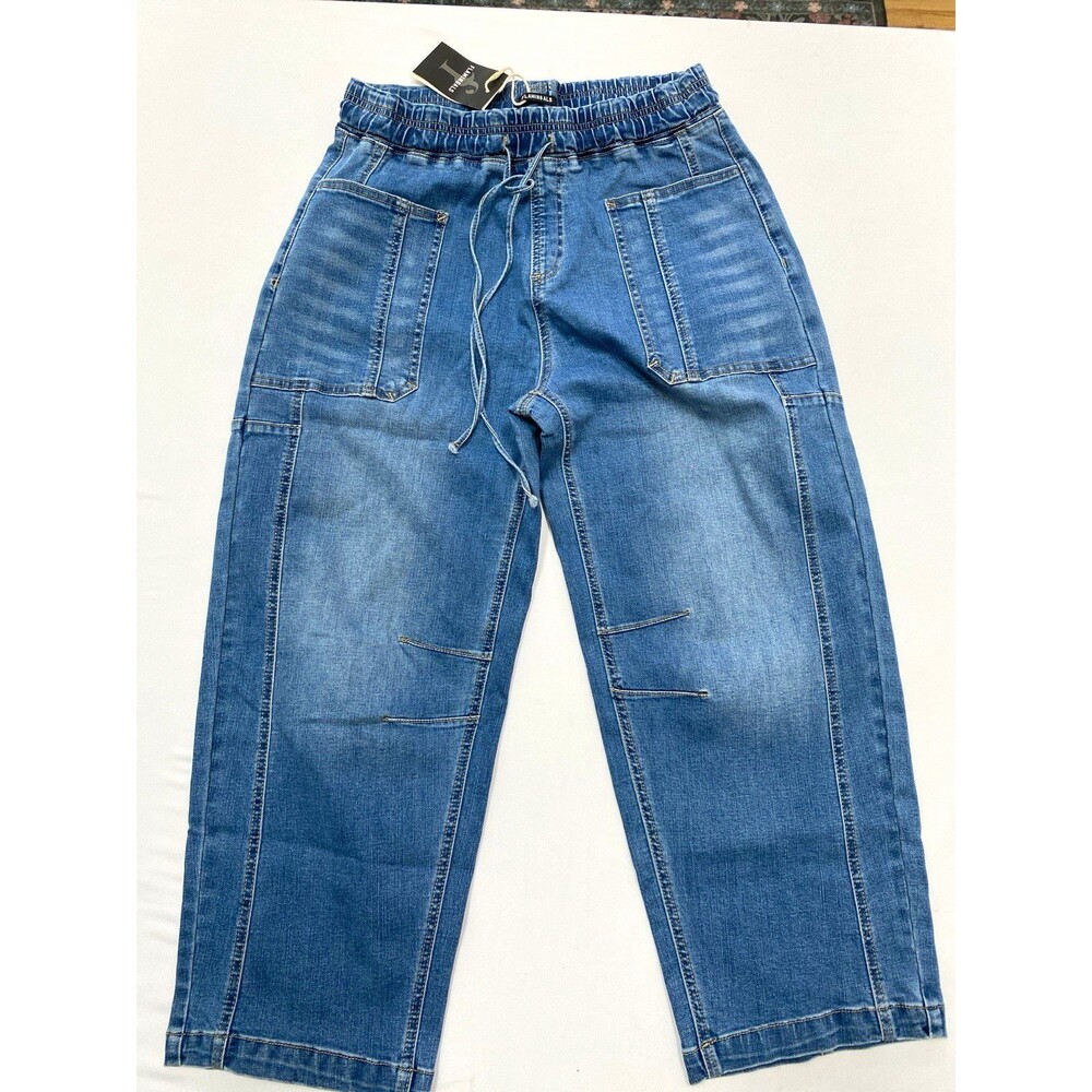 Flamingals Utility Cargo Elastic Waist Denim Pants NWOT XL Medium Wash Barrel